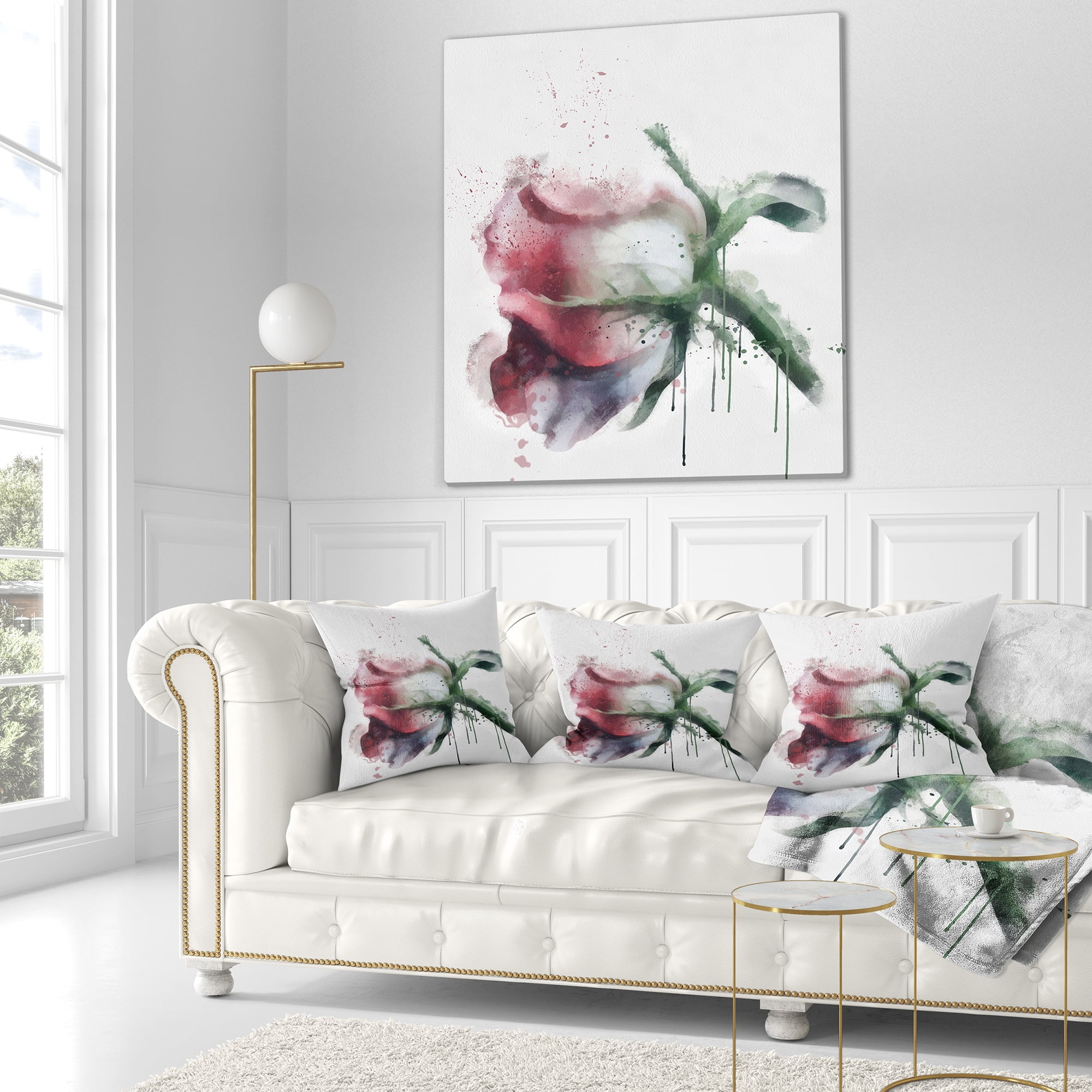 Designart Budding Pink Rose Watercolor Sketch - Flowers Throw Pillowwork - 18x18