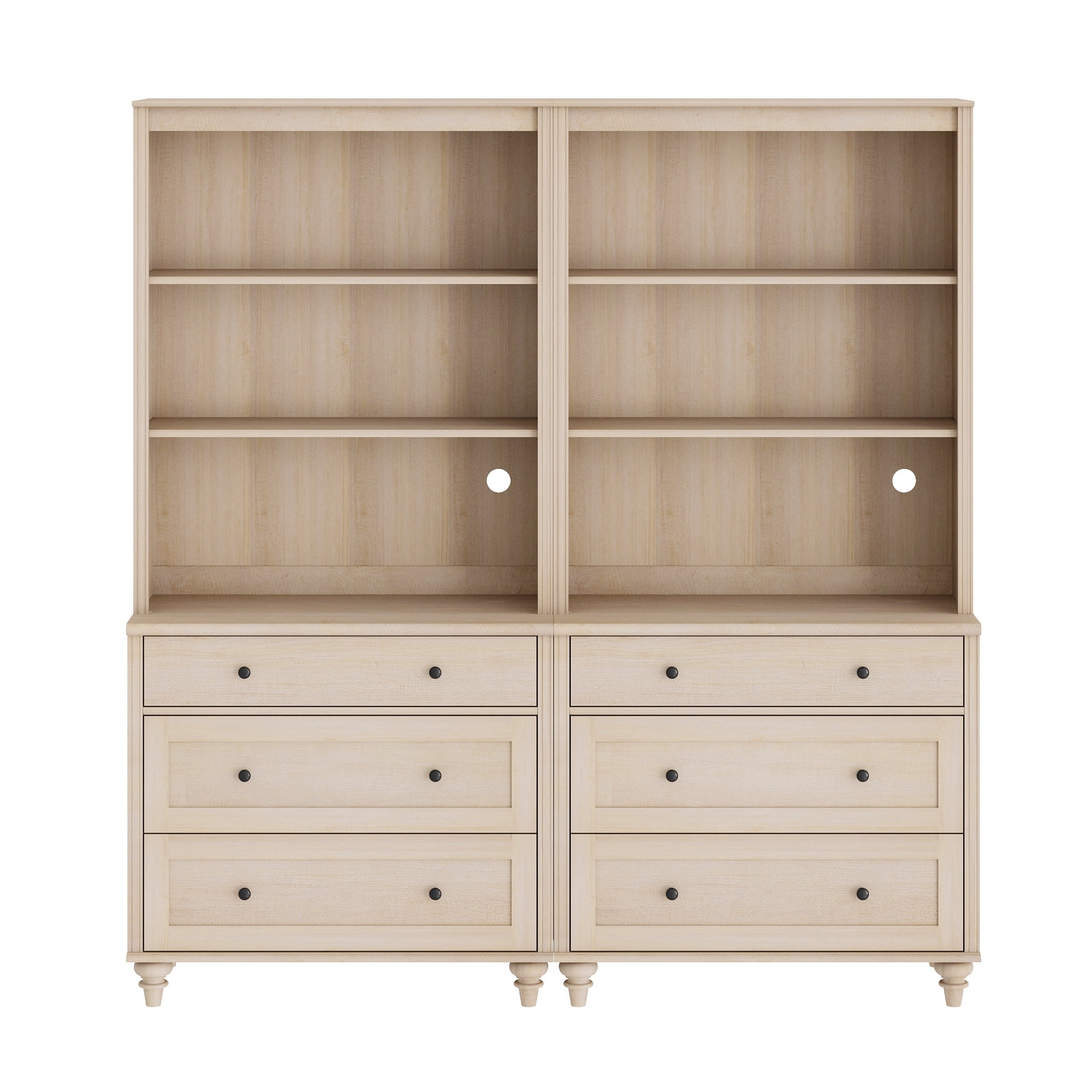 Farmhouse 5 Tier Bookcase With 6 Drawers, Beige, 67.7" W