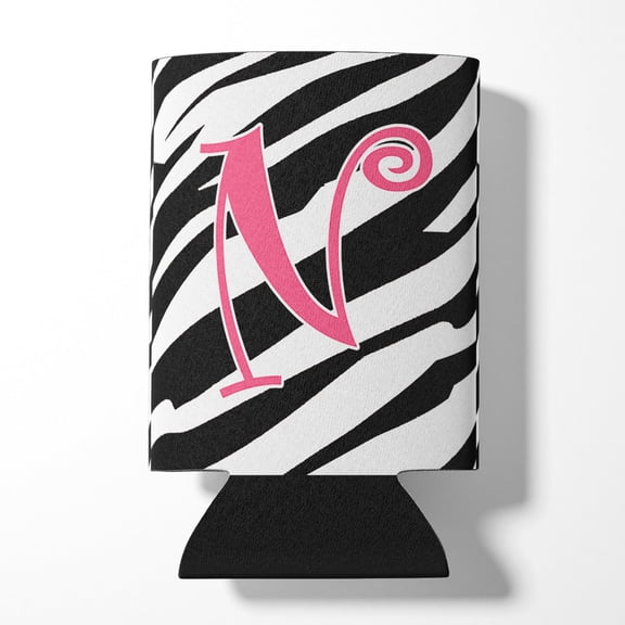 Letter N Initial Zebra Stripe and Pink Can or Bottle Hugger