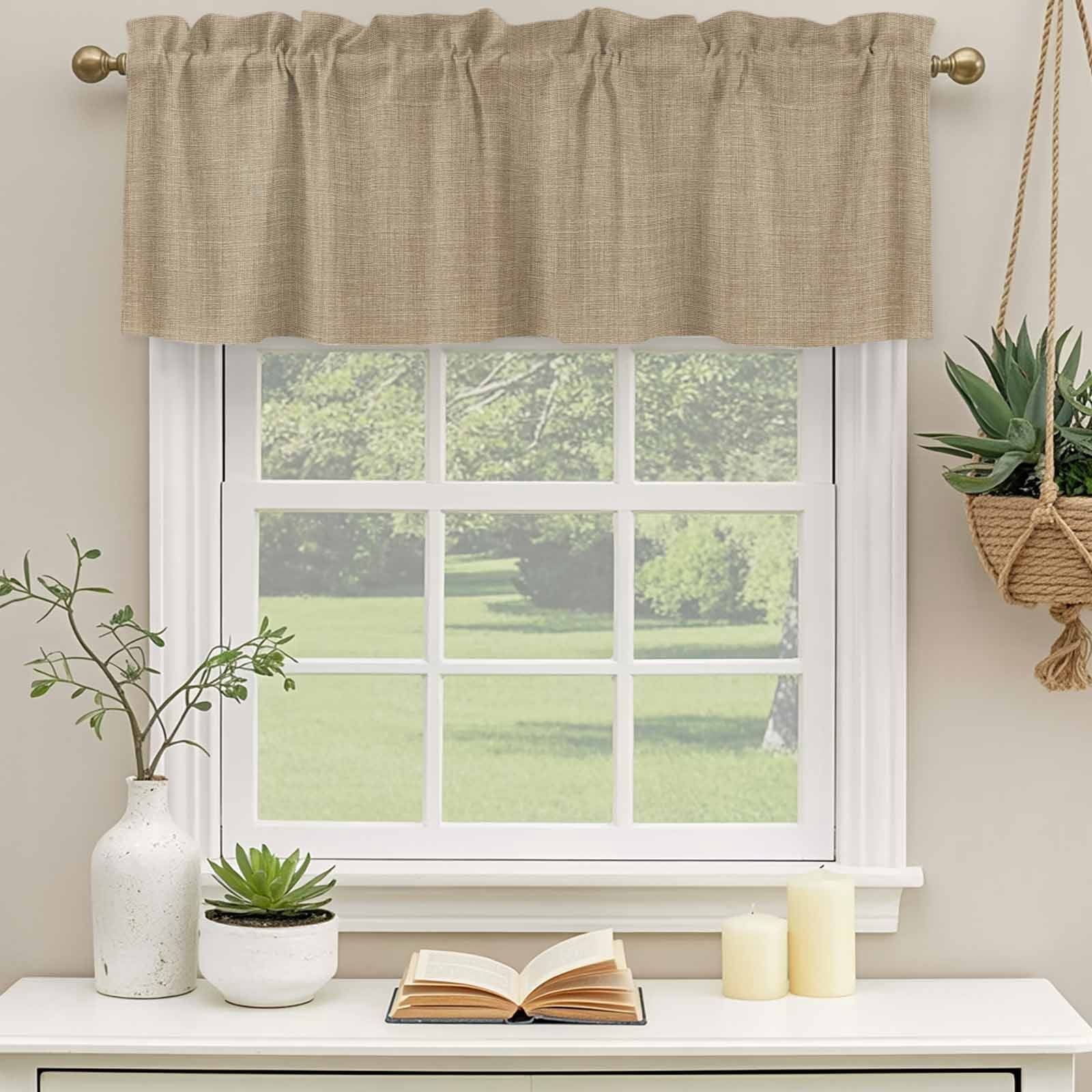 Valances for Windows, Brown Farmhouse Kitchen Curtains Valances 2 Pack for Living Room Bedroom Bathroom, Vintage Country Monochrome Textured Light Filtering Curtains Rod Pocket Valance 42"x18"