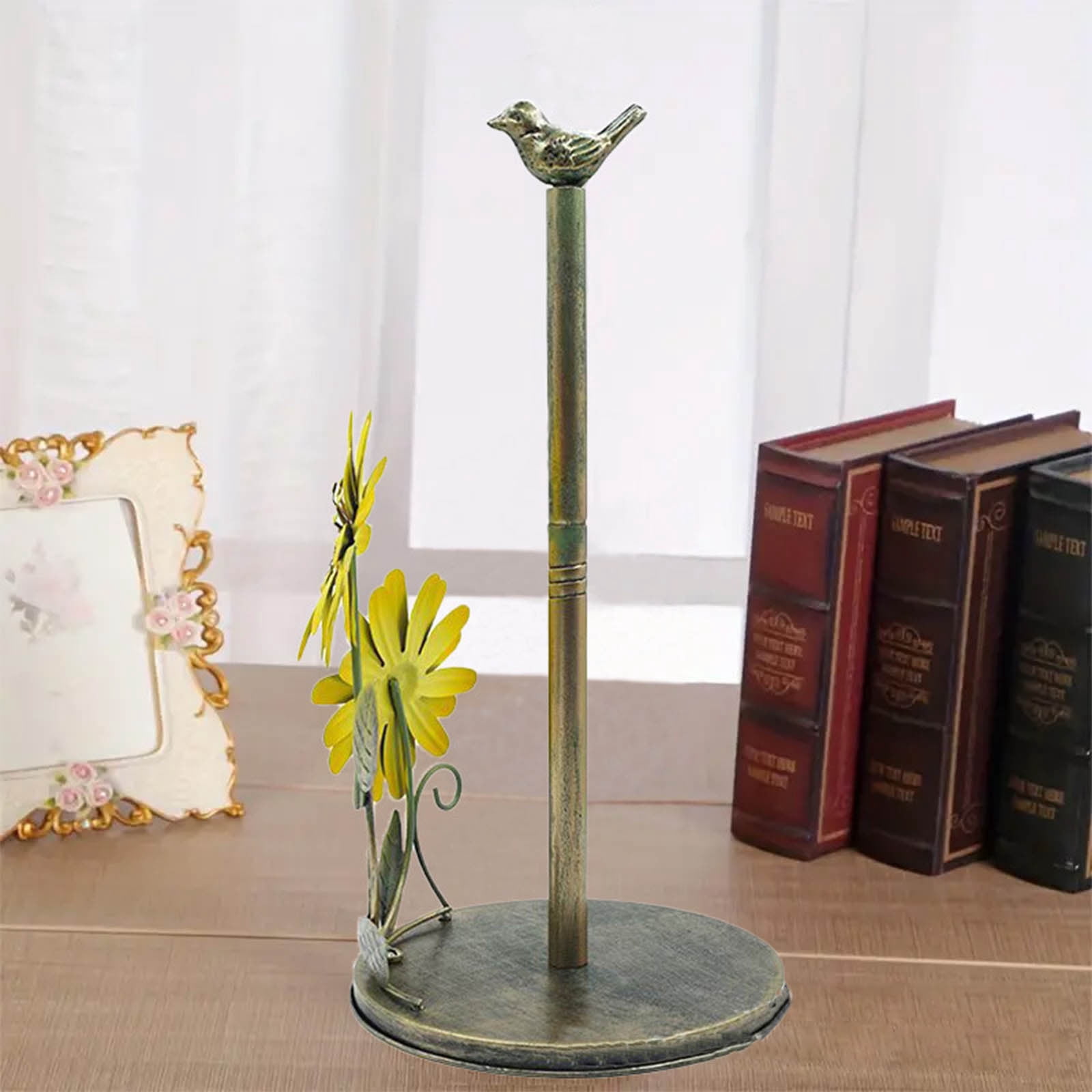 Hxlazmoo Metal Sunflower Paper Towel Holder - Rustic Home Decor for Kitchen, Dining Room, Coffee House | Waterproof Vintage Metal Tissue Roll Stand with Bird Motif | Housewarming Gift (14.4x7.1 Inch)