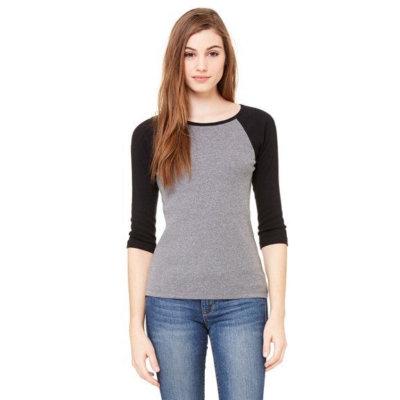 Just Blanks Ladies' Baby Rib 3/4 Sleeve Contrast Raglan T Shirt, DEEP HTHR/ BLACK, M