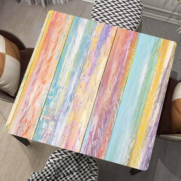 Square Tablecloth Wood Grain Fitted Table Cover Wipe Clean Cloth Colorful Wooden Tablecloths with Elastic Edge Waterproof Polyester Cloths for Indoor Outdoor, Fit for 32"x32" Tables, Style-12