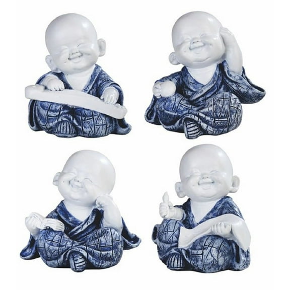 FC Design 4-Piece Blue and White Miniature Little Monk in Different Poses 3.25"H Feng Shui Statue Decoration Figurine Set