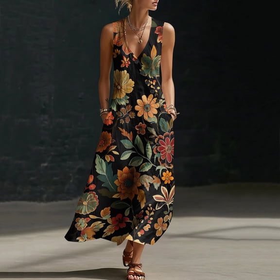 TaTaai Women's Summer Unique Printed Sleeveless V-Neck Maxi Dress Casual Loose Daily Party Long Dress Gift