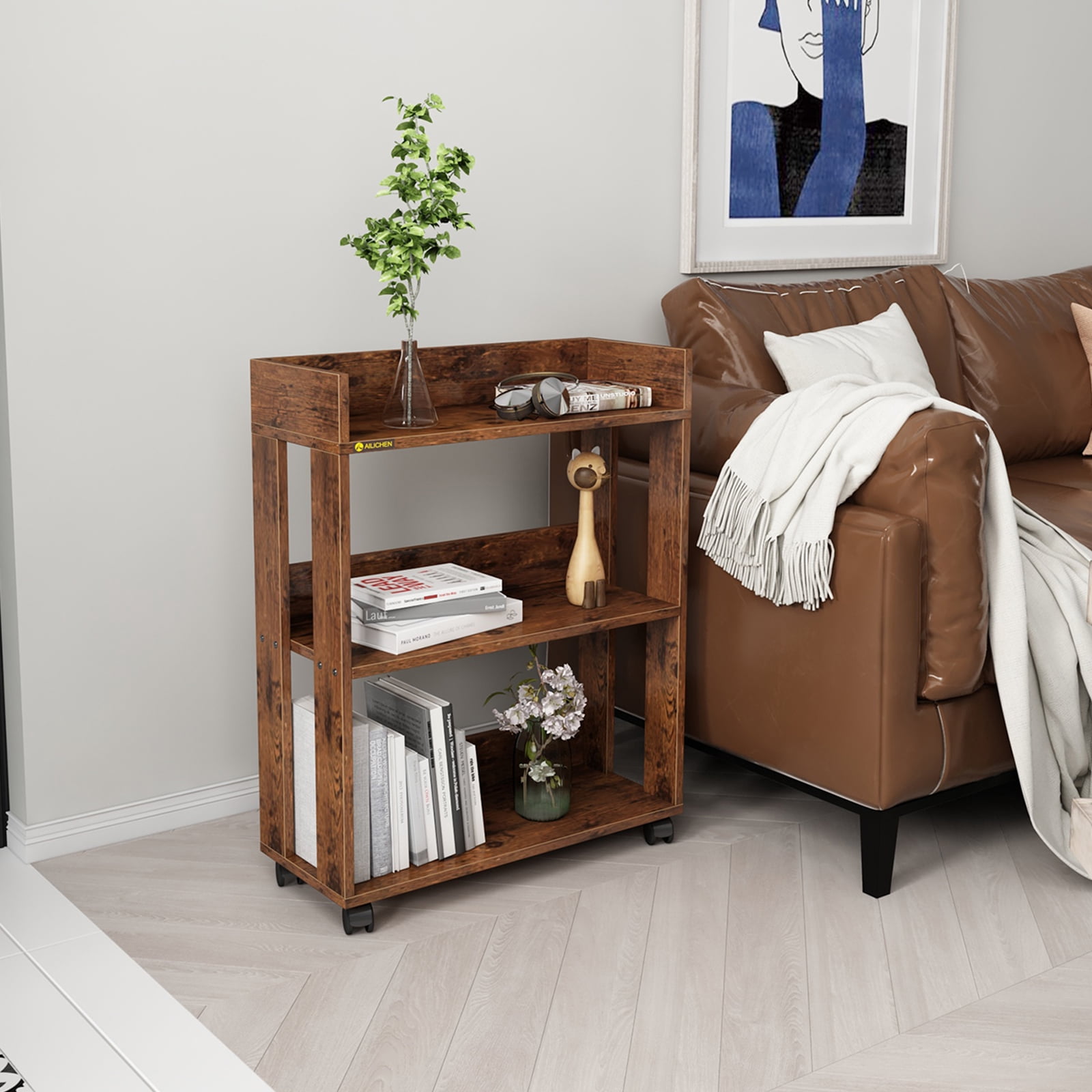 ALISENED 3 Tier Bookshelf and Bookcase with Wheels, Wood Small Nightstand, End Table Storage Rack