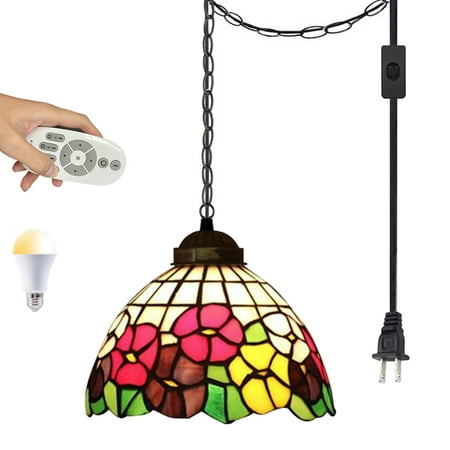 

Kiven Plug in Pendant Light Pulley Hanging Light Fixture with 13FT Iron Chain and Remote Tiffany Style Dimmable Pendant Light with 3 Colors Mode for Bedroom Foyer Hallway Kitchen Island