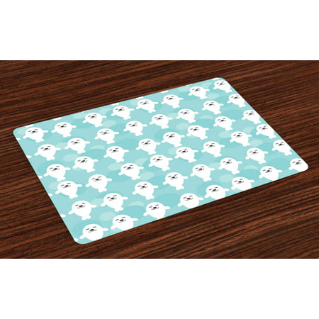 Sea Animals Placemats Set of 4 Baby Seals with Cute Faces Children Smiling Cheerful Kids Theme, Washable Fabric Place Mats for Dining Room Kitchen Table Decor,Turquoise White Pale Blue, by (Best Place To Sell Barbies)