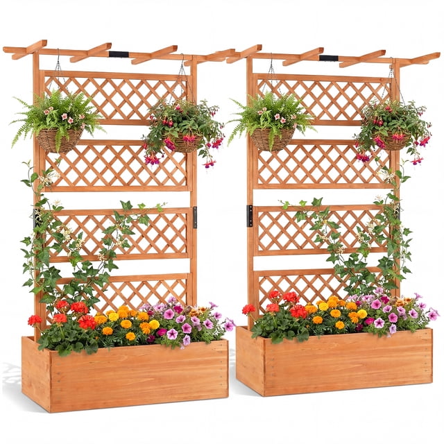 Gymax 2PCS Wooden Planter Box w/Lattice Trellis Flat Roof Drainage for Climbing Plant Orange