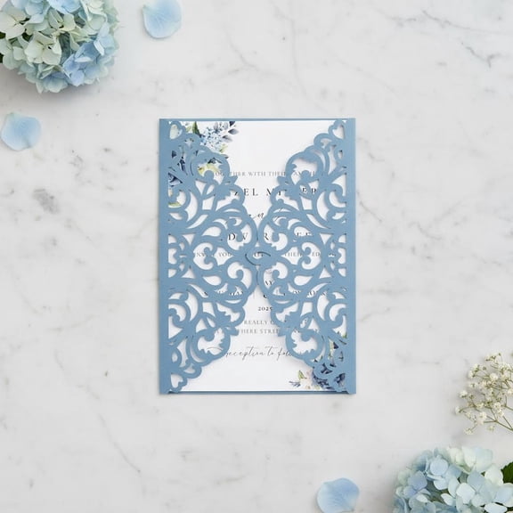 Dusty Blue Laser Cut Invitation Cards With Blank Inner Sheets for Wedding Bridal Shower Engagement Quinceanera (No Envelopes)
