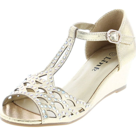 Blaze04 Kids Rhinestone Peep Toe Cut Out Ankle Strap Wedge Dress Sandal Shoes
