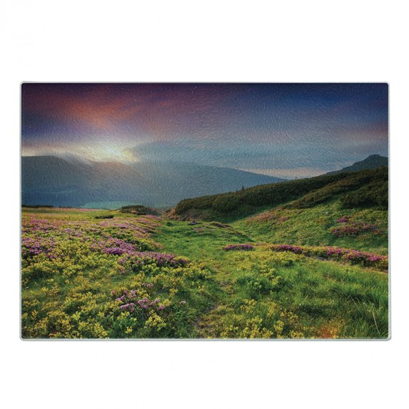 Nature Cutting Board, Summer Season Scene with Fresh Flowers Green Foliage Mountain Landscape Ukraine, Decorative Tempered Glass Cutting and Serving Board, Small Size, Pink Green Blue, by Ambesonne