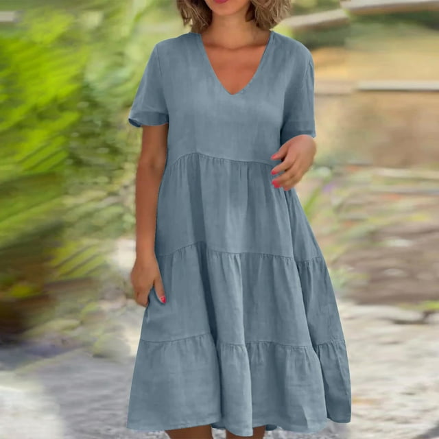 Meichang Robes d'Été pour Femmes 2025 Décontractées à Manches Courtes Col en V à Étages Longueur Genou Robes Trapèze Robe en Coton et Lin Fluide Tunique de Plage