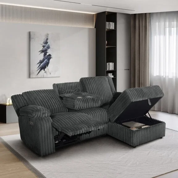 Modern Living Room Right Facing Power Reclining Sectional Sofa w/ Storage Chaise & USB Port, Upholstered L-Shaped Couch, Dark Gray