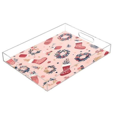 

WOBOGO Acrylic Serving Trays 15.7x11.8 Inch Spill Proof Clear Decorative Organizer with Handle A Pattern with Christmas Stockings and Wreaths