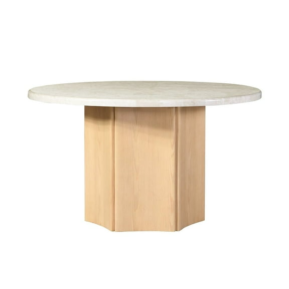 ACME Qwin Marble and Wood Round Dining Table with Hexagonal Pedestal in Oak