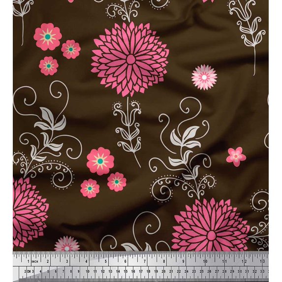 Soimoi Cotton Cambric Fabric Leaves & Aster Flower Print Fabric by Yard 42 Inch Wide