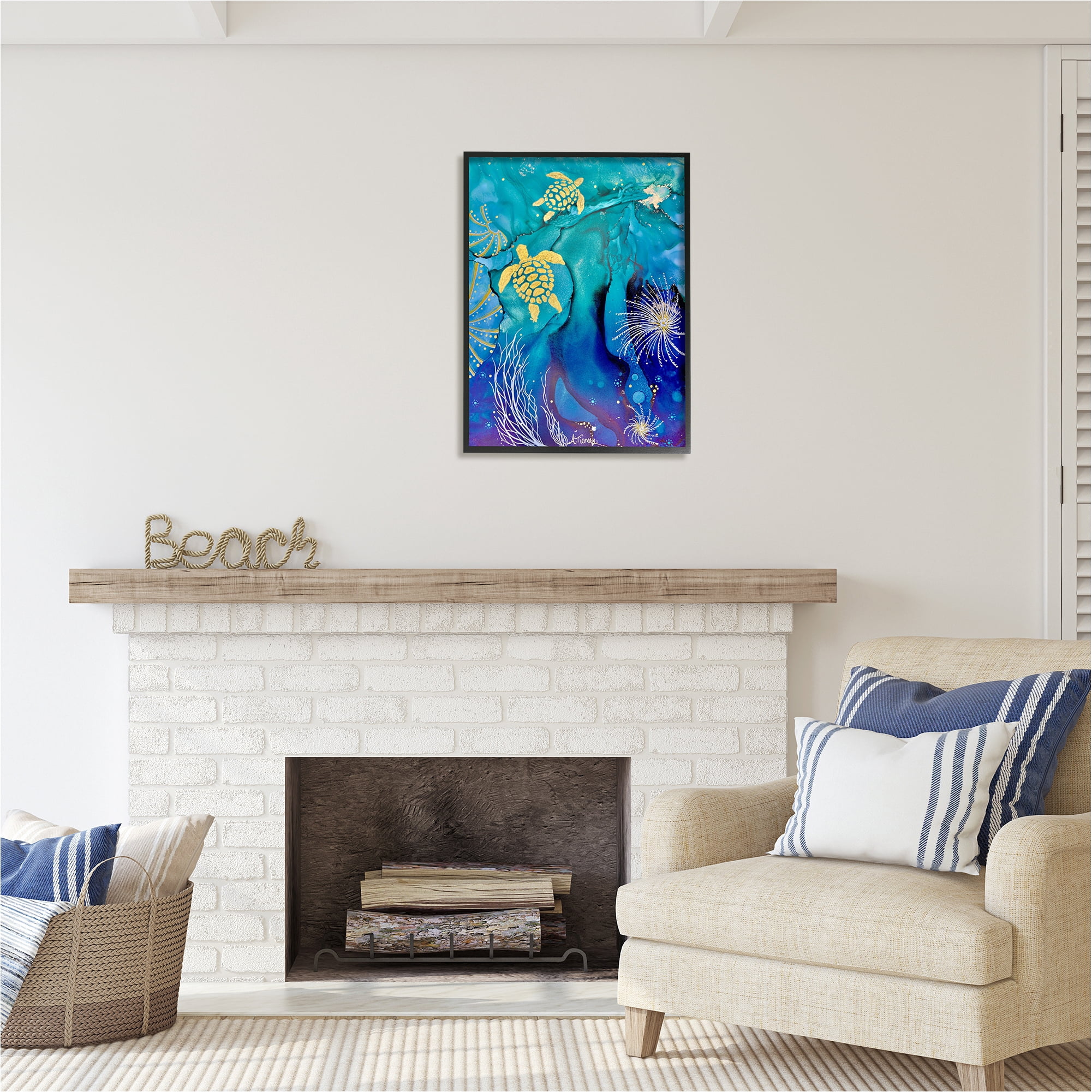 Stupell Industries Abstract Blue Sea Turtles Abstract Painting Black Framed Art Print Wall Art, 24 x 30