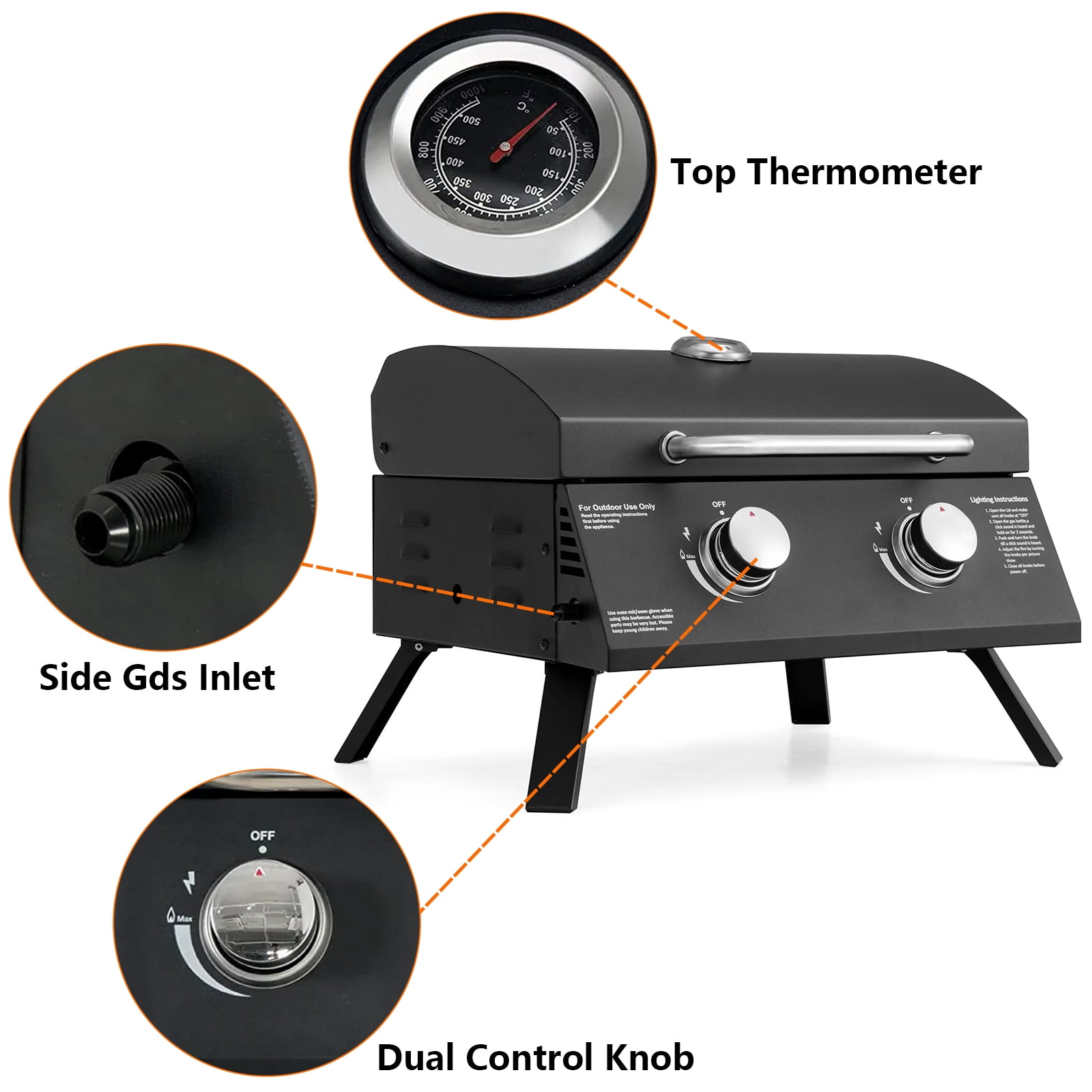Vebreda 2 Burner Portable Gas Grill Stainless Steel Propane Grill, Black Camping Grill