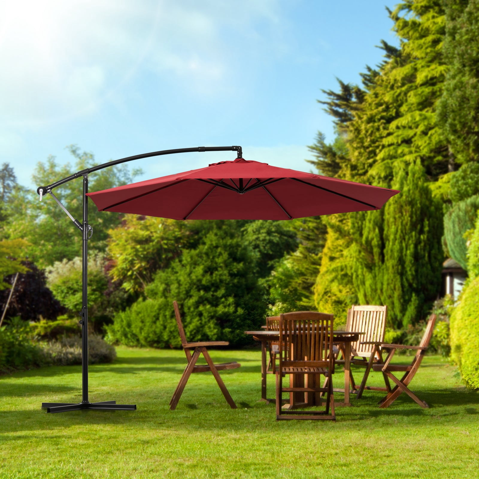 Backyard Expressions 10ft Offset Hanging Patio Umbrella with Crank Lift & Tilt, Outdoor Market Umbrella with UV-Resistant Canopy, Cross Base, and Air Vent for Backyard, Deck, Poolside, or Garden