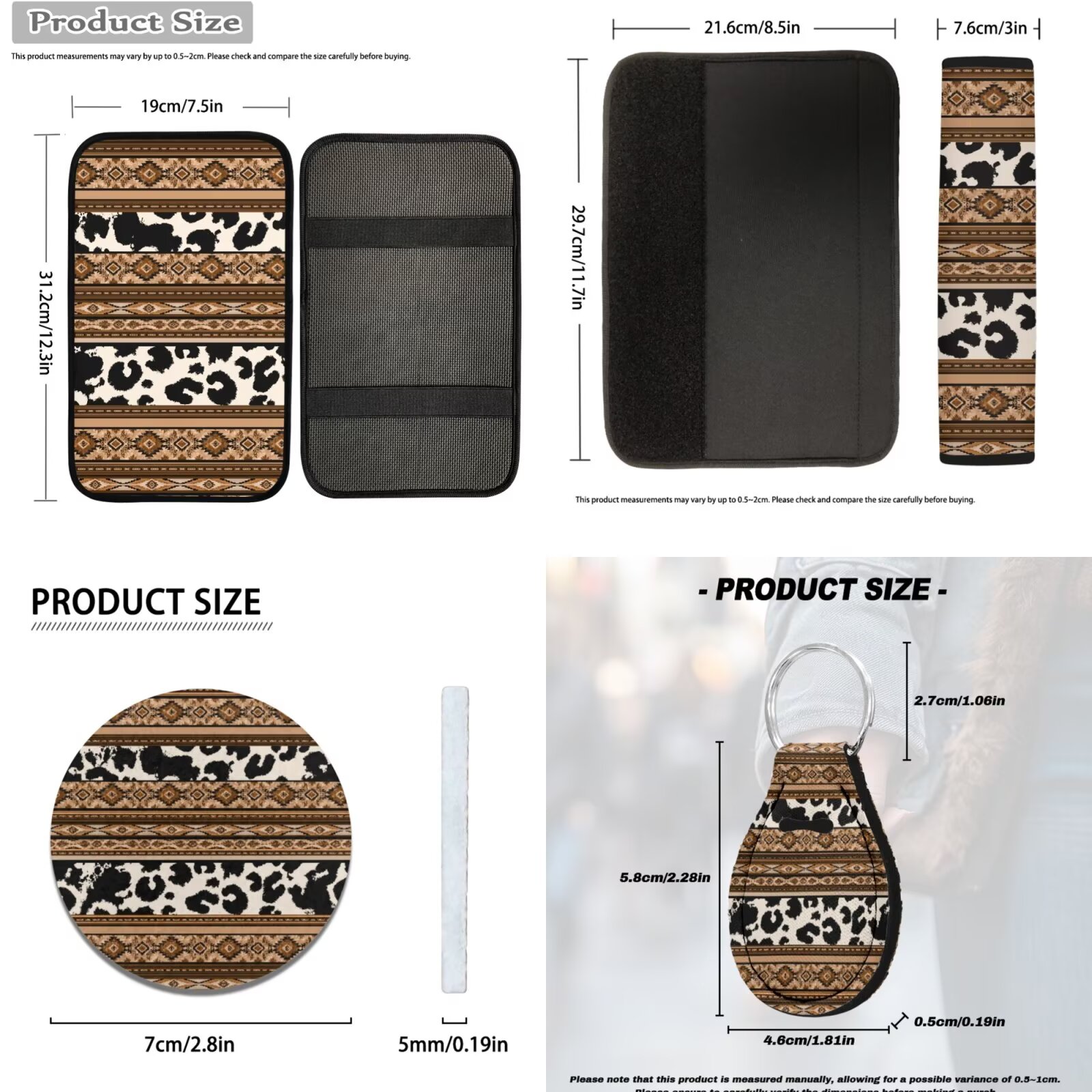 HUIACONG Aztec Cow Print Seat Covers for Cars Full Set with Steering Wheel Cover Armrest Cover Seat Belt Pads Headrest Cover Coasters Keychain 14 Pcs Southwestern Car Accessories Interior