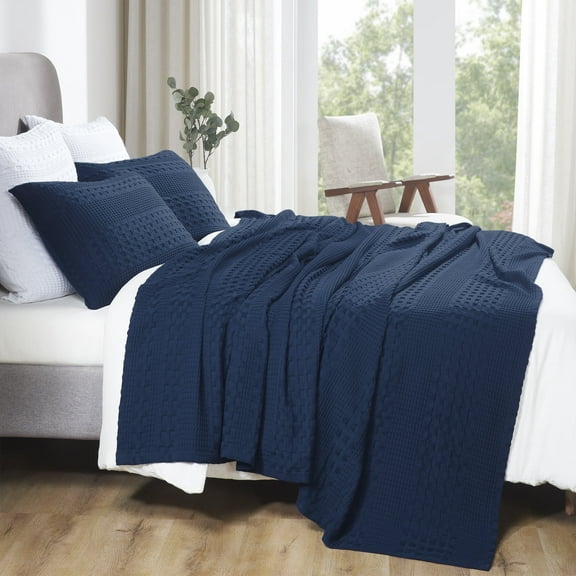Waffle Weave Navy Blue Twin Blanket 90Lx66W