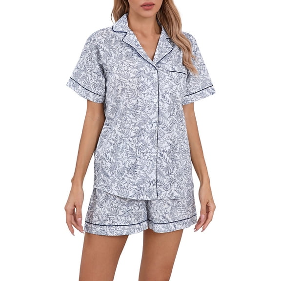 LUBOT 100% Cotton Pajamas for Women 2 Piece PJ Set Woven Poplin Ladies Button Down Short Sleeve Summer Sleepwear Floral Sketch M