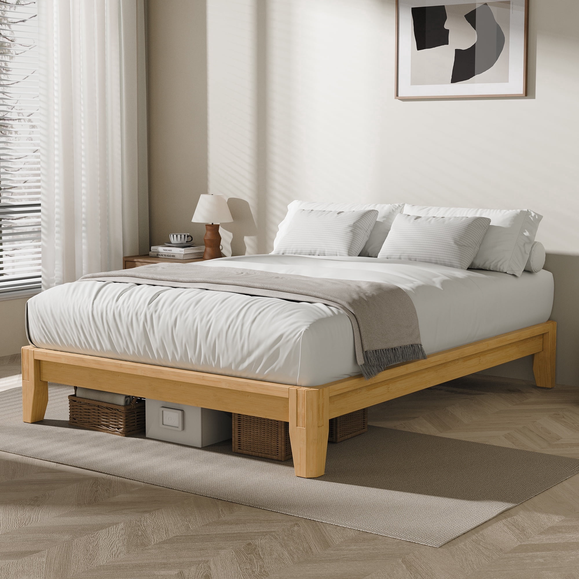 Full Floor Joinery Bed Frame, Holaki Solid Bamboo Wood Full Size Platform Bed with 12 Wooden Slats Support & 6.89" Under Bed Storage Space, Japandi Minimalist Style Bedframe for Bedroom, Natural
