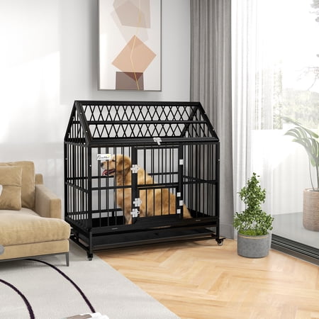 PawHut 49" Steel House Dog Crate with Wheels, Black