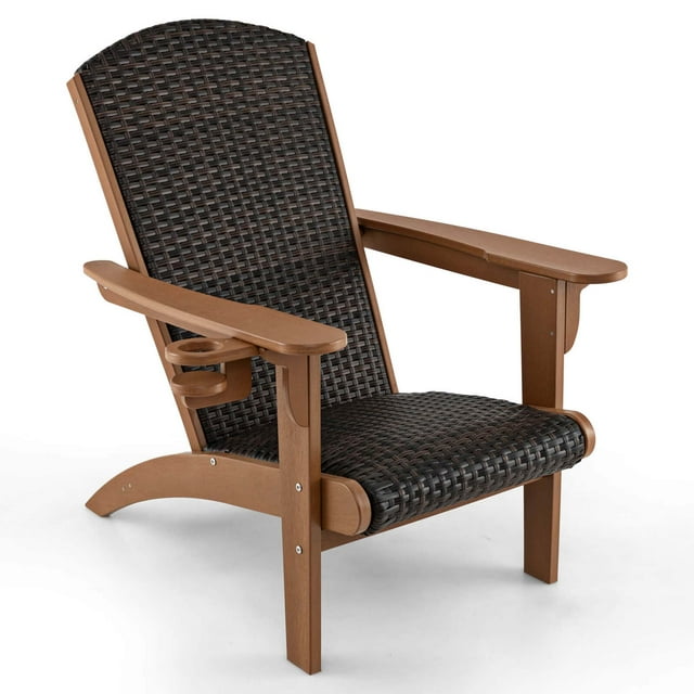 Costway Patio Adirondack Chair with Rattan Padded Seat Wide Armrests & Hidden Cupholder Brown