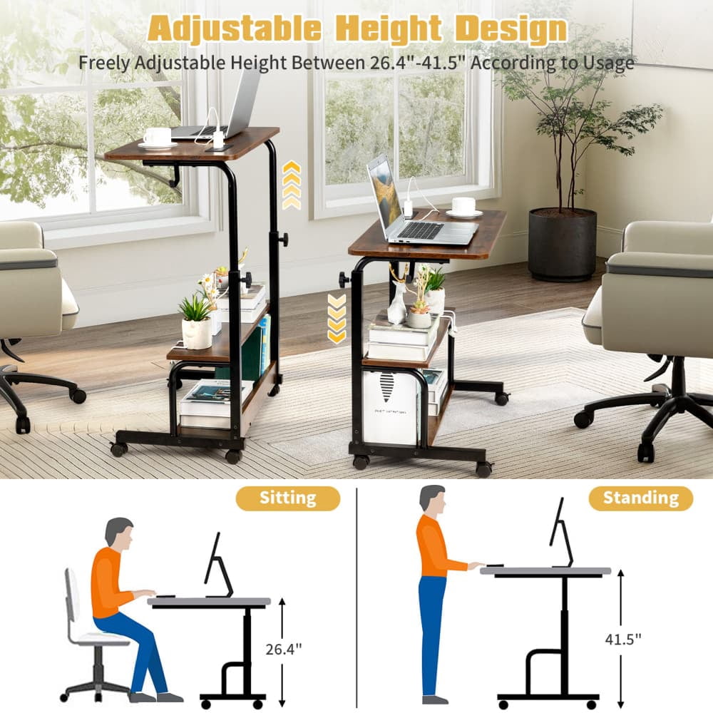Hassch Portable Rolling Desk with Charging Station on Wheels, 26.4"-41.5" Height Adjustable Computer Desk with Storage Shelves for Home Office, Portable Writing Desk for Small Space, Brown