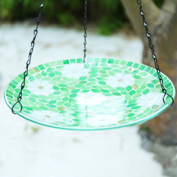 11 Inch Hanging Mosaic Glass Bird Bath & Feeder, Green Floral Design with Metal Chain, Garden Decor for Wild Birds, Backyard & Patio