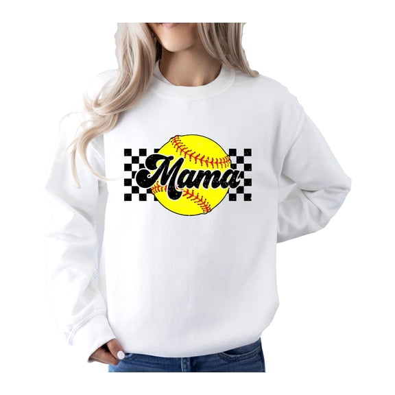 Softball Mama Sweatshirt for Women Yellow Checkered Softball Mom Sweater White Sweatshirt Adult Large