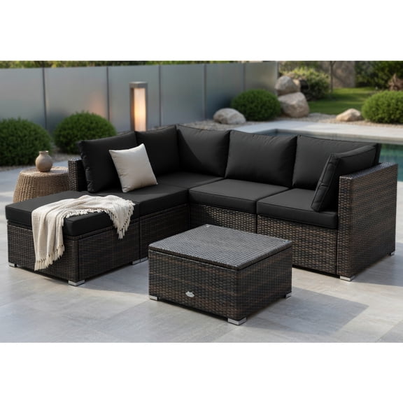 Topcobe 6 Pieces Outdoor Patio Rattan Sectional Sofa Set with Coffee Table, Modern Patio Furniture Set-Black