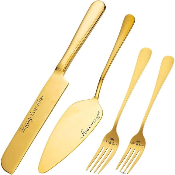 Wedding Cake Knife & Server Set, 4-Piece Stainless Steel Cake Cutter with Forks, Gold Finish