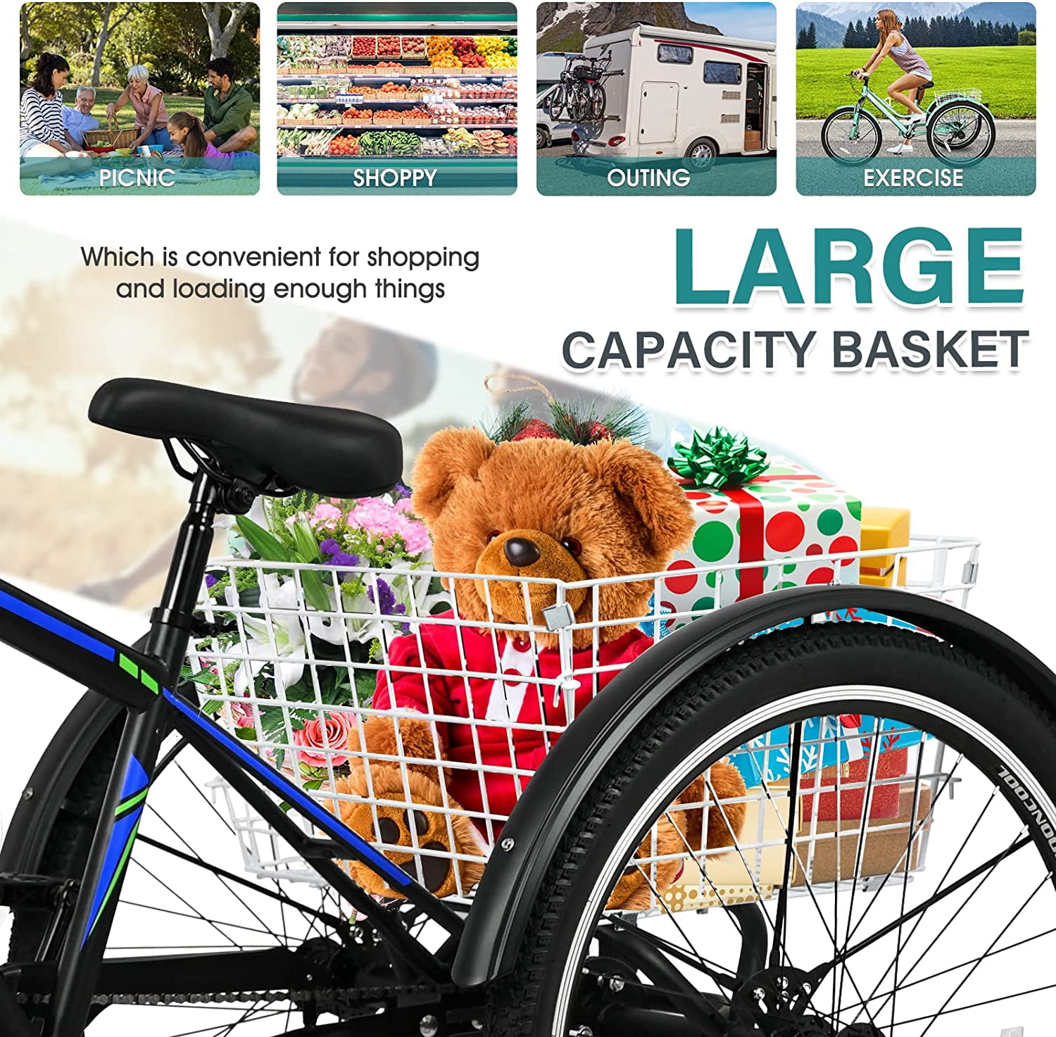 Mooncool Mountain Tricycle for Adults, 7 Speed Three Wheel Bike, 24/26/27.5 Inch Adults Trikes with Shopping Basket, Exercise Men's Women's Tricycles
