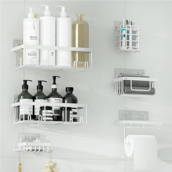 Hejin Adhesive Shower Caddy, 6 Pack Rustproof Stainless Steel Bath Organizers With Large Capacity, 1 Packs Soap Holder And 18 Hooks,No Drilling Shelves for Bathroom Storage & Home Decor