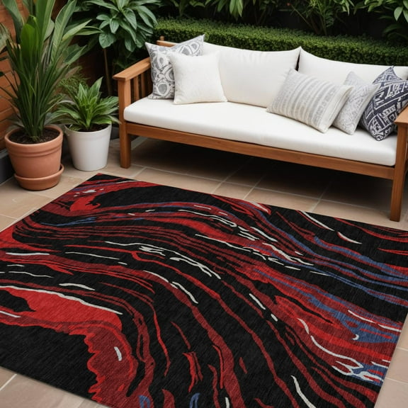 8' X 10' Black Red And Gray Abstract Washable Indoor Outdoor Area Rug