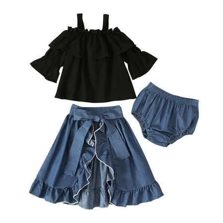 

Fesfesfes Toddler Baby Girls Dress Middle Sleeves Suspenders Top Cowboy Shorts Short Skirt Suit