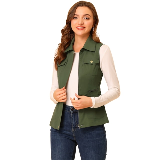 Chaleco Anorak Utility sin Mangas con Cremallera y Bolsillos Verde Allegra K XS