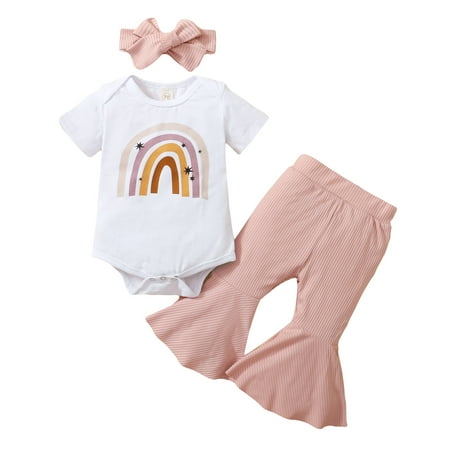 

Newborn Infant Baby Girl Clothes Ruffle Sleeve Rainbow Romper and Flare Pant Summer Outfit 3Pcs