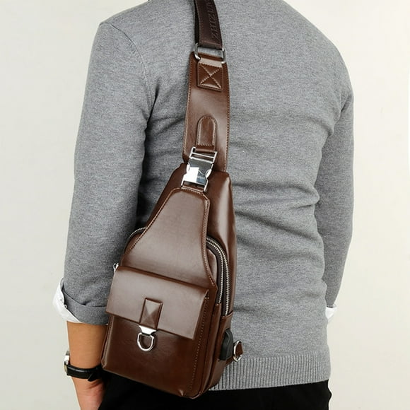 Men's Leather Shoulder Bag | Waterproof Crossbody Chest Bag with USB Charging Port Adjustable Strap Large Capacity Casual Waist Bag for Travel Daily Use