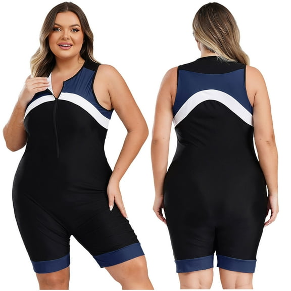 Doomiva Womens Boyshort One Piece Zipper Swimsuit Plus Size Contrast Color Bathing Suit Athletic Bodysuit Navy Blue XXL