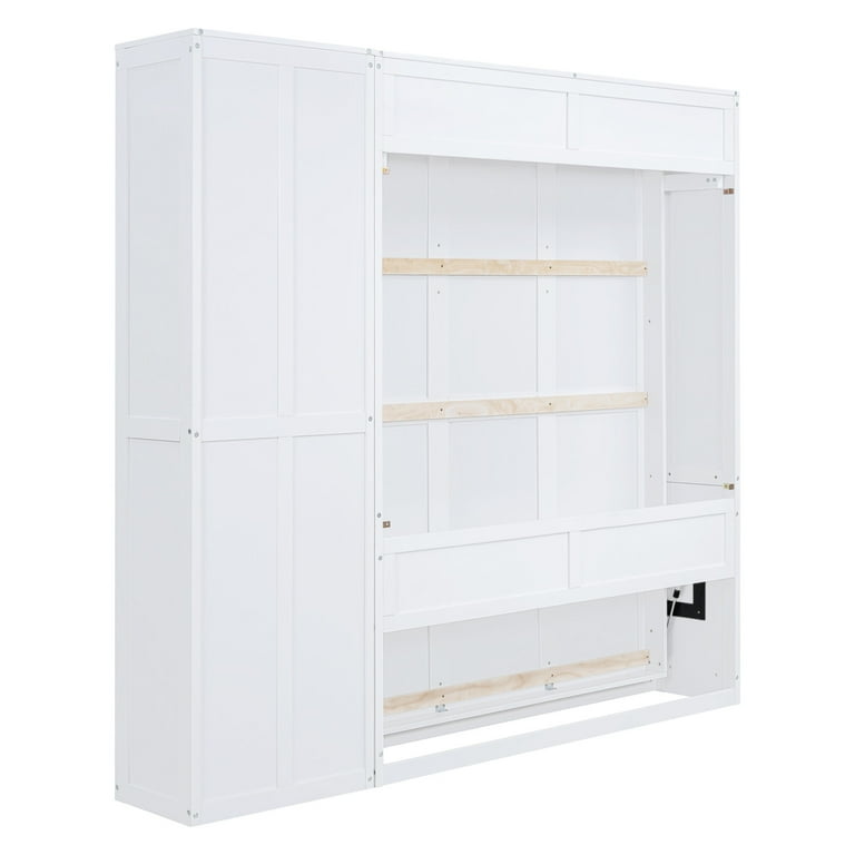 Queen Murphy Bed With Storage Bookcase - White Foldable Wall Bed Cabinet, Space Saving Furniture For Guest Room