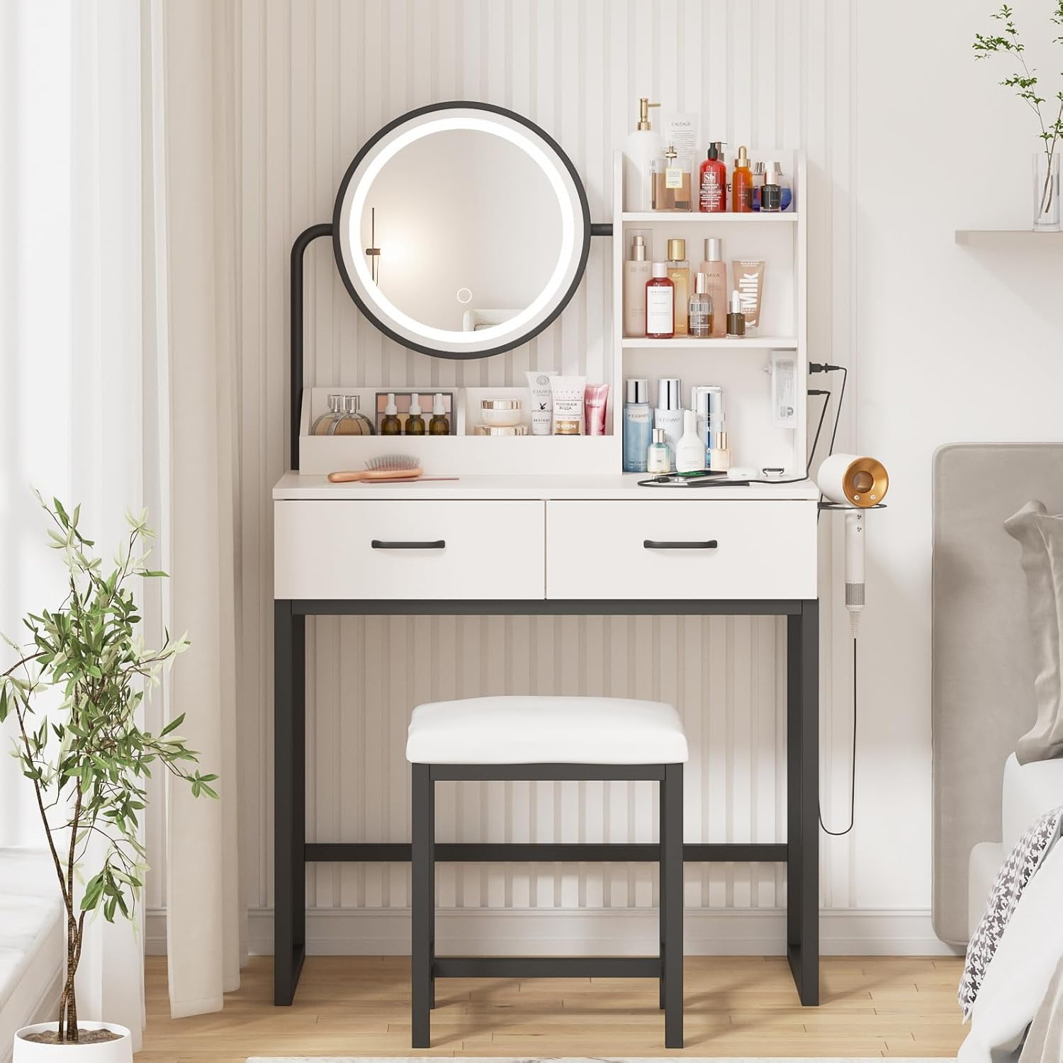 VEANERWOOD Makeup Vanity with Round Mirror and Lights, White Vanity Makeup Table with Charging Station, Small Vanity Table for Bedroom, 3 Lighting Modes, 31.5in(L)