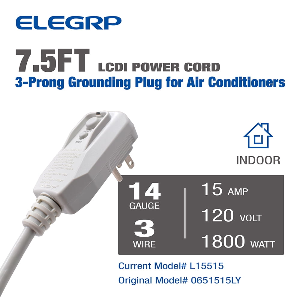 L22515 14AWG LCDI Power Cord Plug for A/C Air Conditioner, E250451 UL Certified, 7.5FT Leakage Current Detection Interrupter Replacement, 120V 15A 1800W 60Hz NEMA 5-15P, 1 Pack