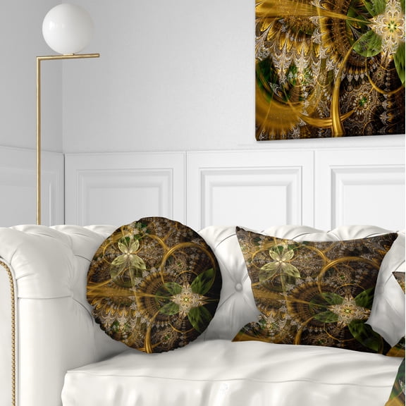 Designart Green Gold Digital Art Fractal Flower - Floral Throw Pillow - 12x20