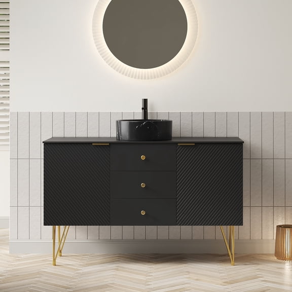GEMA 48"Bathroom Vanity&Sink,Freestanding Plywood Storage Cabinet w/Gold Legs,3 Drawers and 2 Doors,Black Stone Pattern Bowl Ceramic Vessel Basin&Black Sintered Stone Top,Pre-assembled,Black