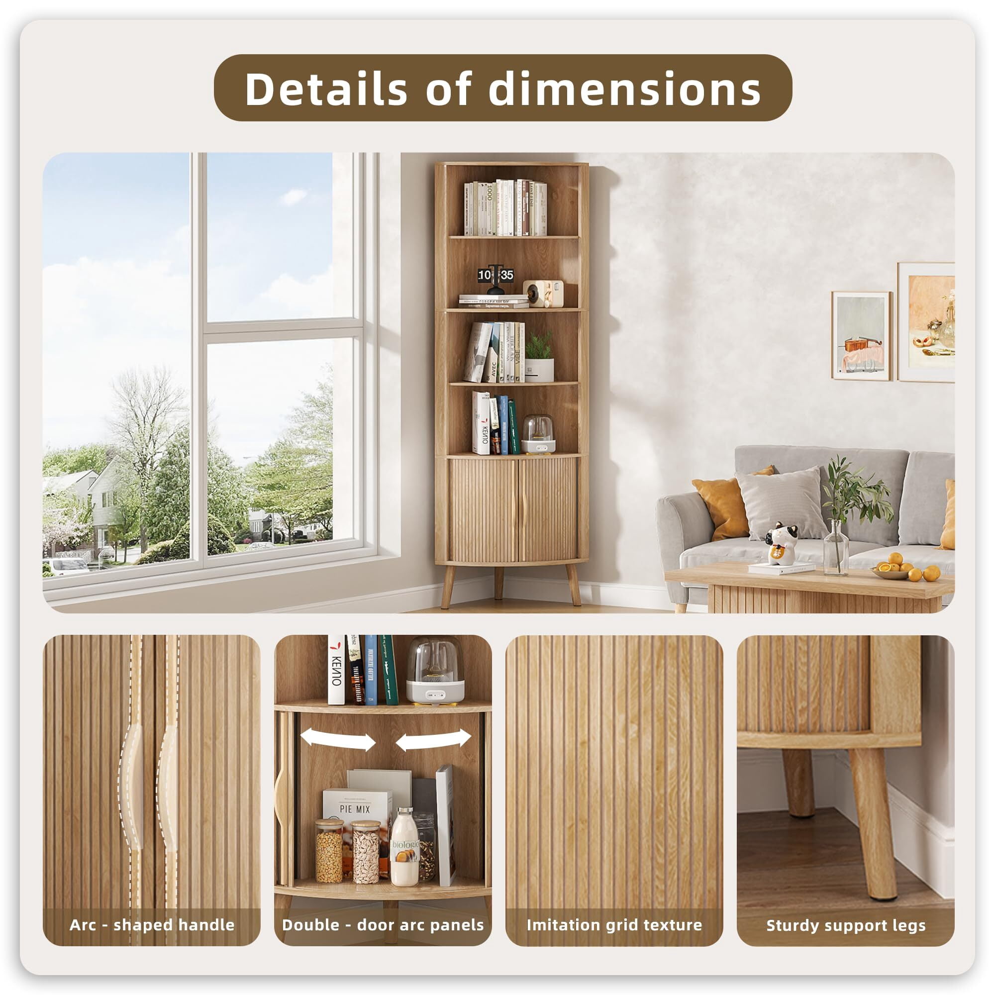 Modern Corner Cabinet, 66.7" Tall Bathroom Storage Cabinet with 2 Fluted Doors & Shelves for Kitchen, Living Room, Wood