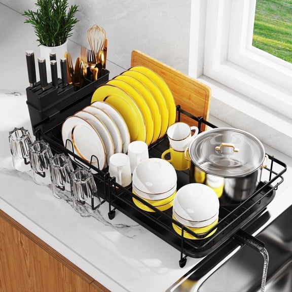 Riousery Retractable Dish Drying Rack with Drainboard, Compact Countertop Dish Rack with Utensil and Cutting Board Holder, Black